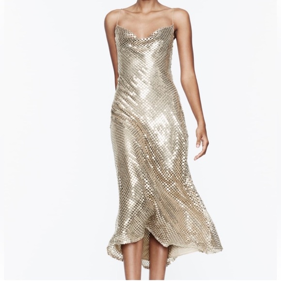 Zara Dresses & Skirts - Zara Gold Sequin Midi Dress